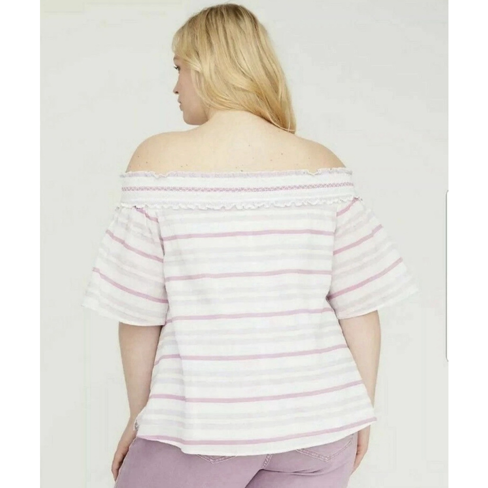 Lane Bryant Off The Shoulder Top Plus 14/16 White Pink Purple Striped Blouse - Picture 2 of 8
